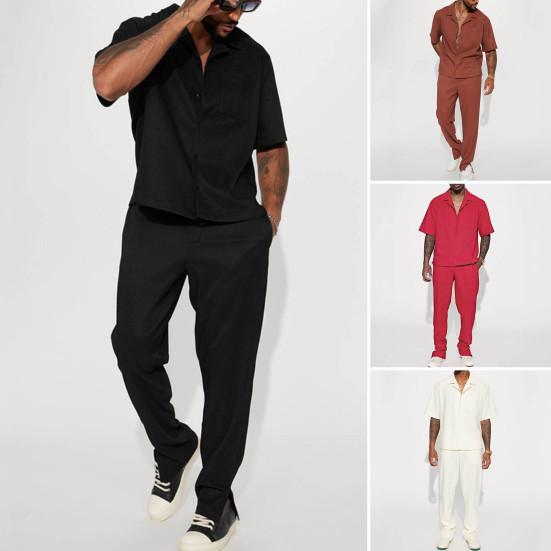 2Pcs/Set Men Outfit Lapel Short Sleeve Single Breasted Shirt Elastic Waist Long Pants Set Solid Color Loose Fit Casual Outfit