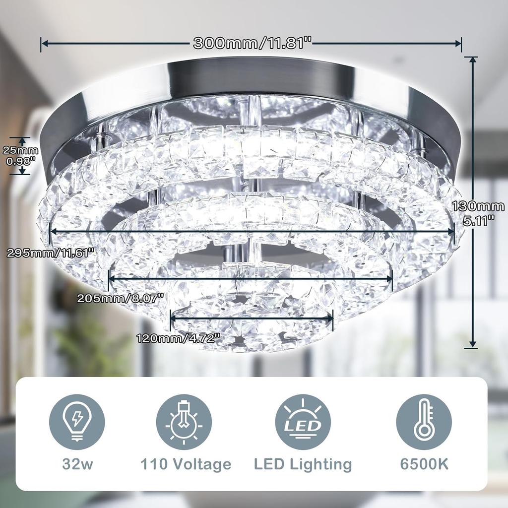 11,8 Zoll Kristall-Kronleuchter Moderne Kristall-Deckenleuchte LED-Kronleuchter Halb-Einbau-Kronleuchter Kaltweiß
