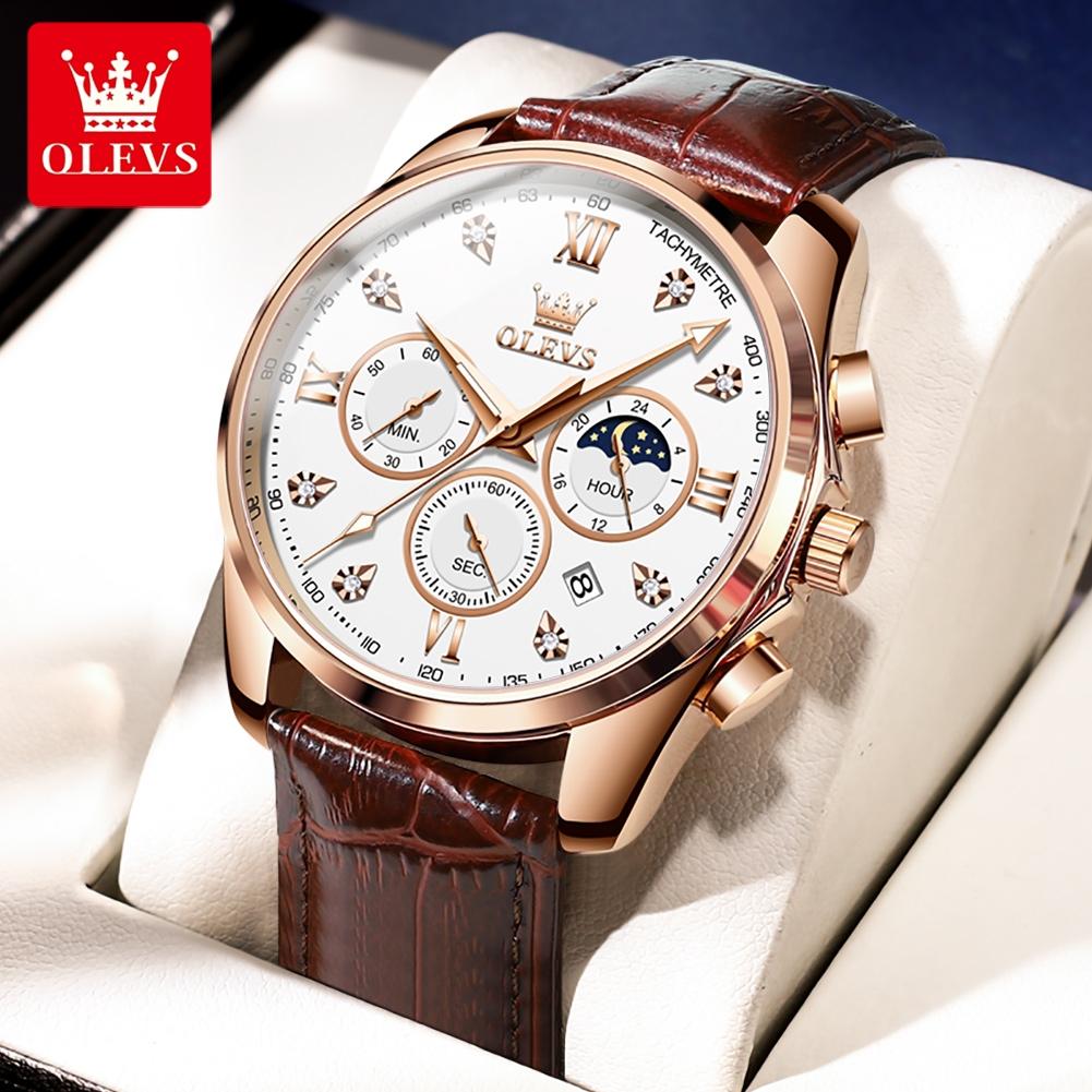 OLEVS 2888 Men's Watches Fashion Style Original Quartz Watch for Man Comfortable Leather Strap Waterproof Luminous Moon Phase