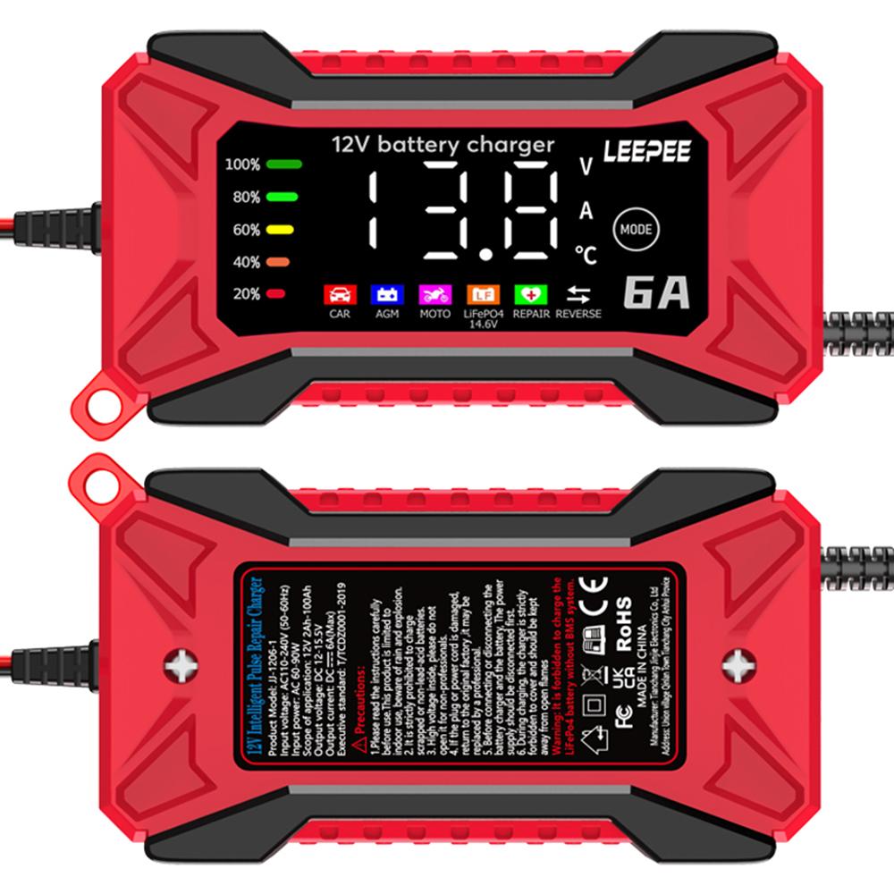 Digital LCD Display 2025 Car Battery Charger Voltage Temperature Detection 12V 6A Intelligent Pulse Repair SUV Motorcycle Truck Overvoltage Protection