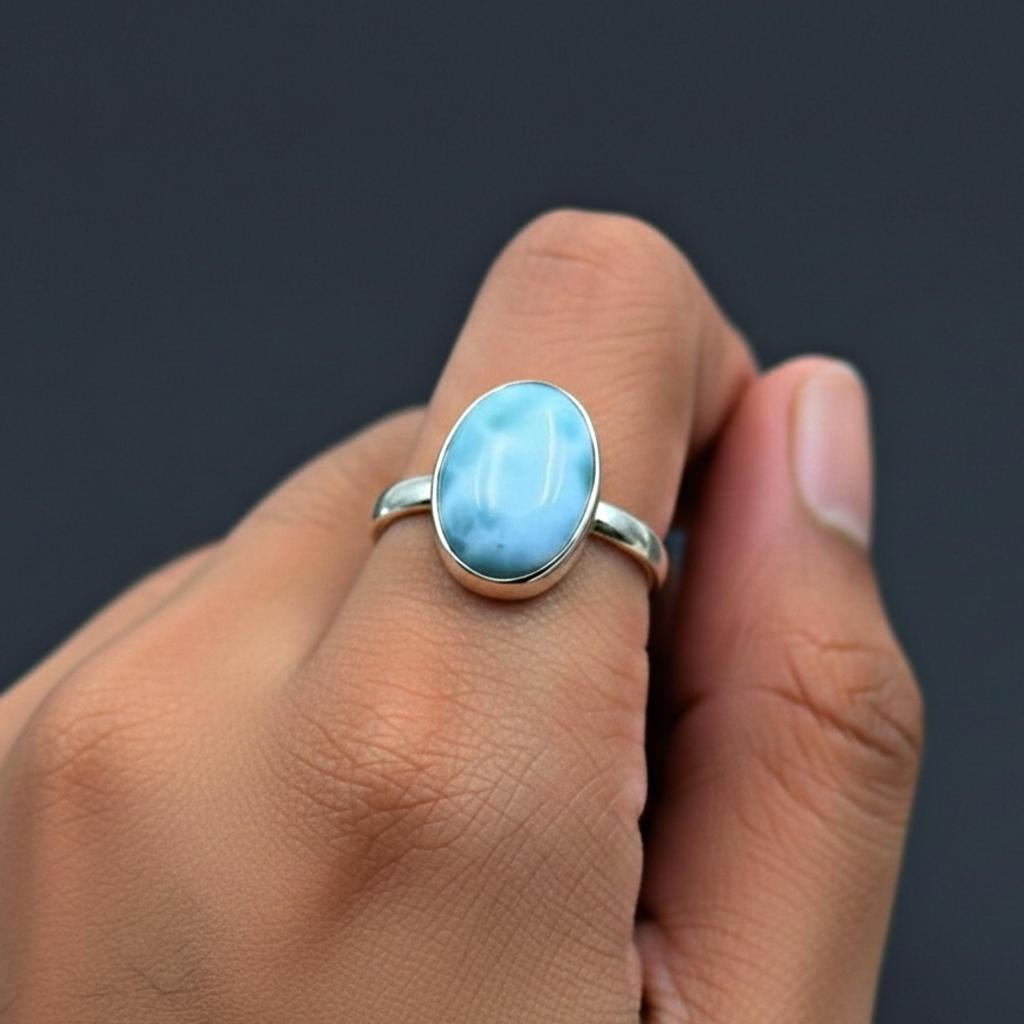 Larimar Oval Shape Statement Ring, 925 Sterling Silver Jewelry, Handmade Gemstone Ring for Women