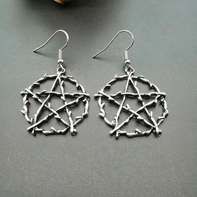 Gothic Vintage Silver Color Pentagram Drop Earrings for Women Punk Style Pentacle Wicca Geometry Jewelry