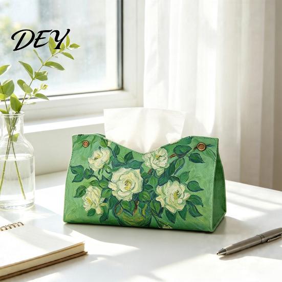 Multipurpose Tissue Box Leather Cover, Foldable Desktop Organizer, Oil Painting Style Napkin Holder Case, Reusable Facial Paper Organizer Dispenser,
