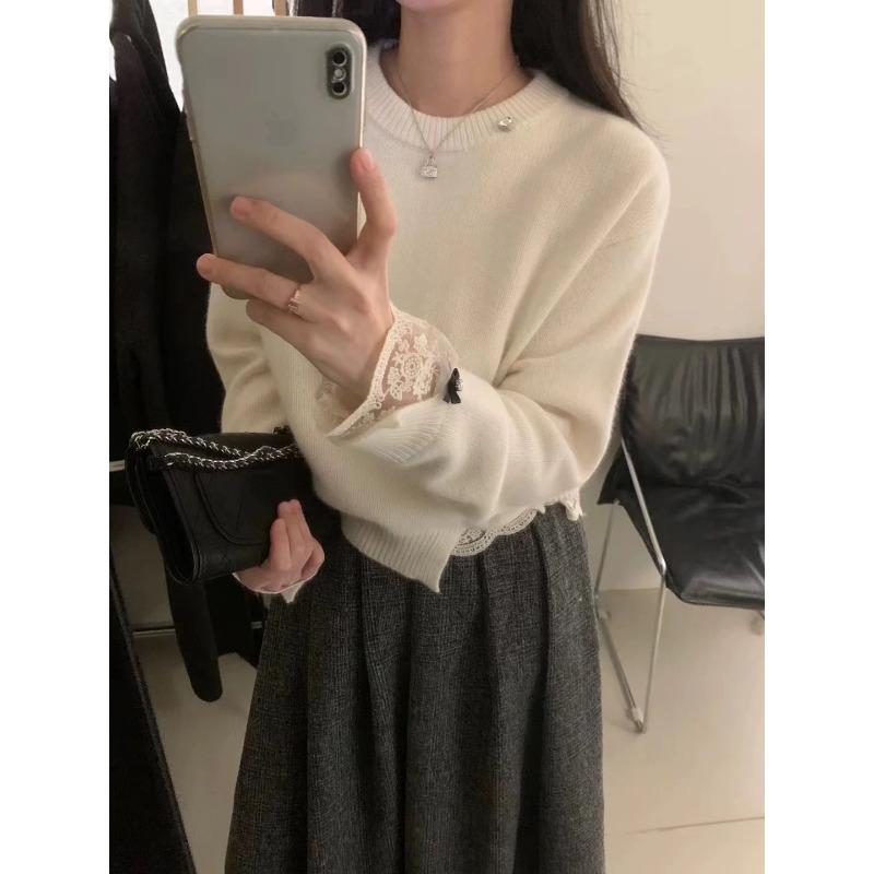 Korean Fashion Sweet Lace Splicing Knitted Pullover Sweater Women Autumn Winter Sweet Bottoming Top Fashion Basic Elegant Loose Solid Color Clothing
