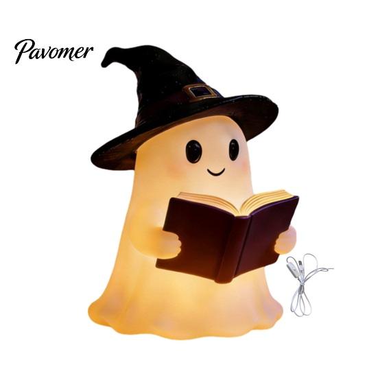 Literary Reading Ghost Decor Halloween Figurine with LED Light, Resin Witch Hat Statue Decorative Guitar/Book, Cute Luminous Sculpture for Home