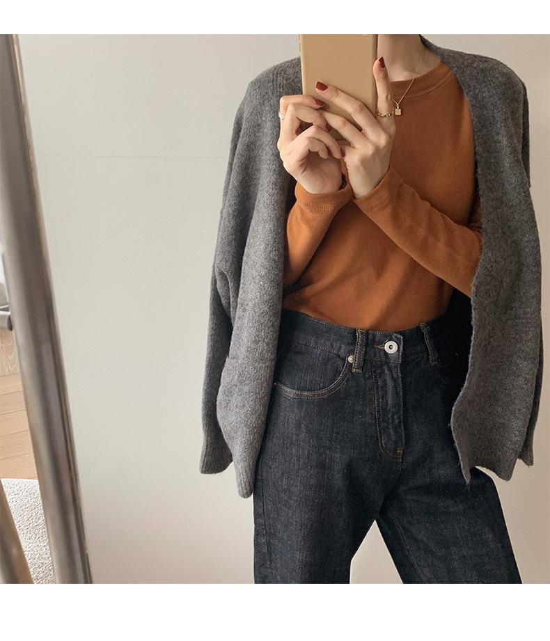 Damen Doppelseitiges Samt Langarm Top, Gebürsteter Weißer Rundhalsausschnitt, Koreanischer Stil für Herbst und Winter.