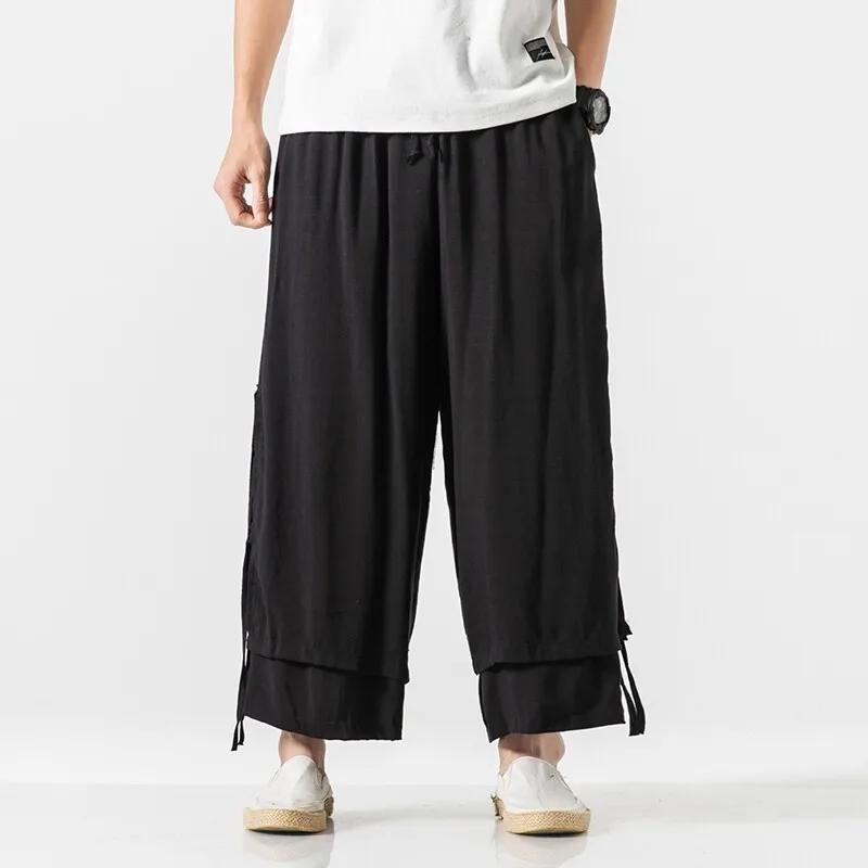

2025 Мужские Свободные Прямые Хлопково-Льняные Брюки с Широкими Штанинами Мужские Женские Брюки в Китайском Стиле Двухслойные Драпированные Брюки-Юбка Ханфу XXXL чёрный