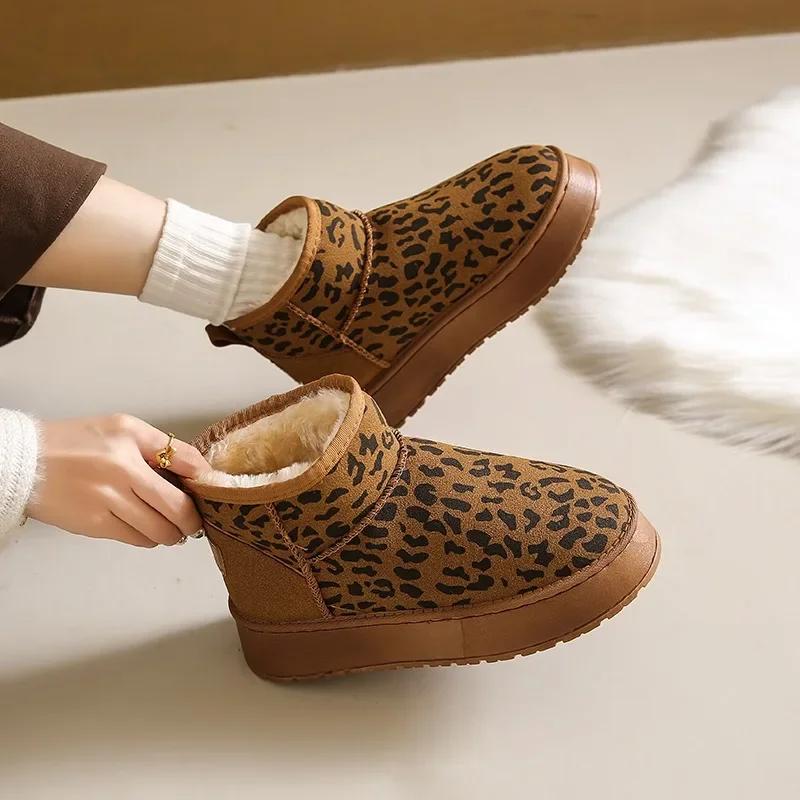 Womens Ankle Boot 2025 Trend New Leopard Print Design Home Plush Warm Botas Mujer Casual One-foot Thick-soled Walking Snow Boots