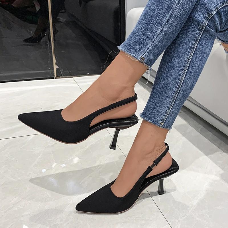 Fashion Temperament Women's Solid Color Sandals Closed Toe Slip-on Thin High Heel Office Career Shoes Sexy Pointed Back Strap Sandalias