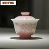 Hand-painted Pink Embroidered Ball Gaiwan Aesthetic Tea Tureen Tea Bowl With Lid Kit Tea Brewing Cover Bowl Tea Ceremony Gift