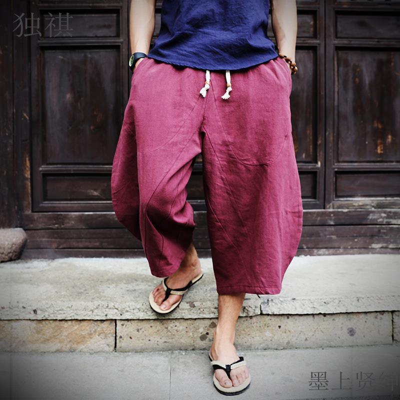 Men Cotton Linen Baggy Wide Leg Pants Men Hanging Crotch Hip Hop Bloomers Pants Men\'s Calf-Length Cross Pants Trousers