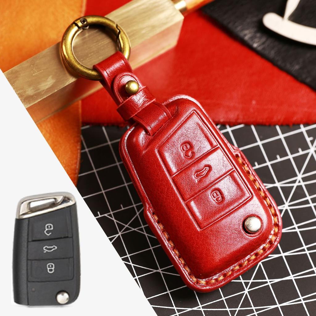 For VW Passat Magotan Golf Key Fob Cover, Genuine Leather Case with Anti-Loss Key Ring & Strap, Full Set Accessories in Gift Box