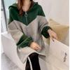 Autumn Winter Loose Casual Patchwork Zipper Hoodies Women Fashion Simple Pullover Hooded Pullover Top