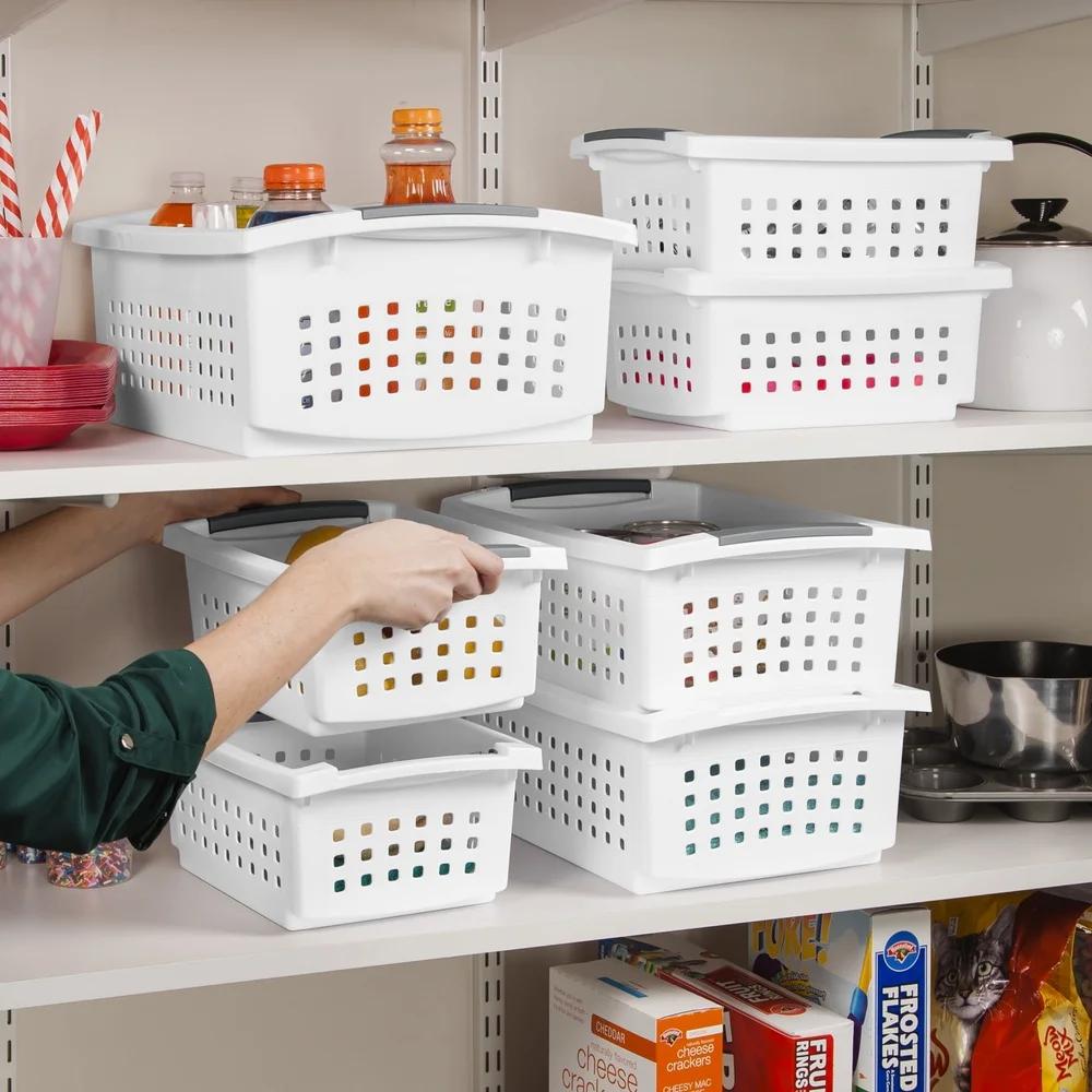 Stackable Open Plastic Bins Storage Baskets Home Organization Countertop Pantry Laundry Room Clutter Management Easy View