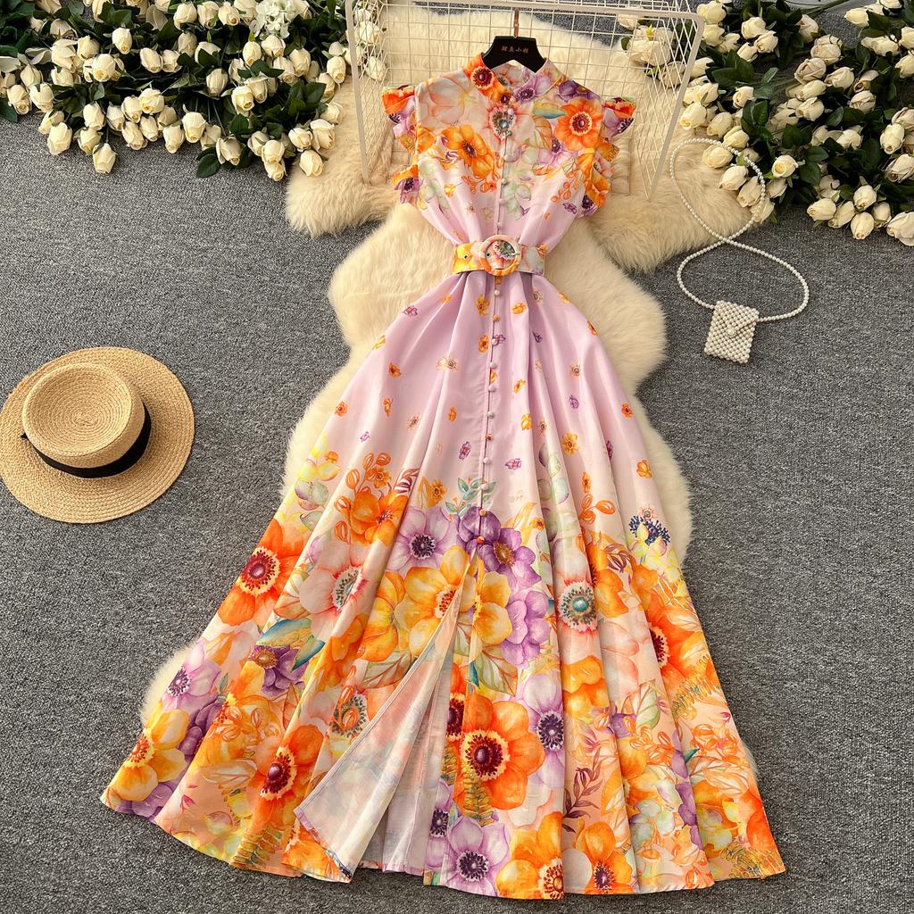 Kleid mit Blumendruck für Damen, Rüschen, fliegende Ärmel, kontrastierende einreihige Kleider, Taillenschnürkleider im Palaststil