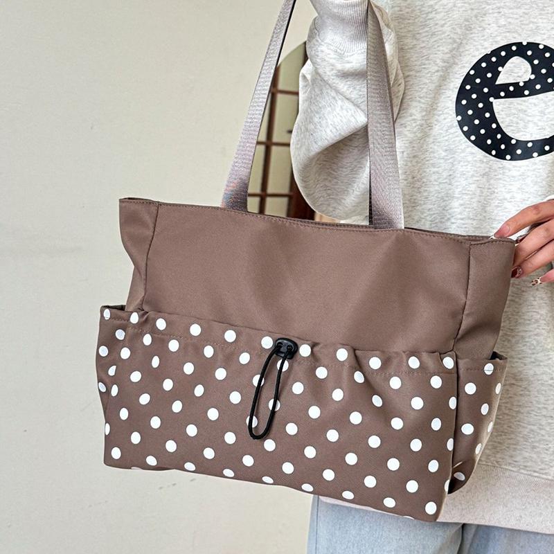 Polka Dot Large Capacity Tote Bag For Women Nylon Material Drawstring Closure Hobo Bag Underarm Shoulder Bag Lightweight Handbag