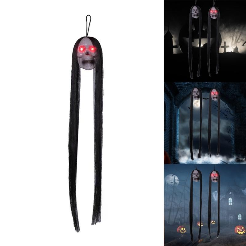 Hanging Skull Halloween Indoor Decoration Spooky Glowing Long Hair Skull Festival Glowing Skull  Room Decors 6PCS