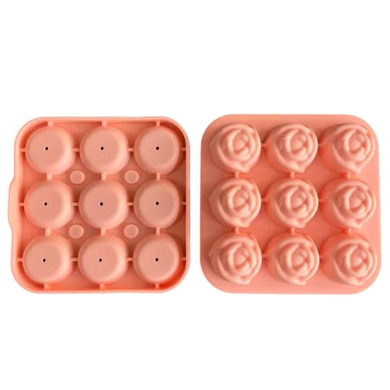 Rose Flower Silicone Ice Cube Tray 9-Cavity Square Mold for Chocolate Candy Flexible Non-Stick