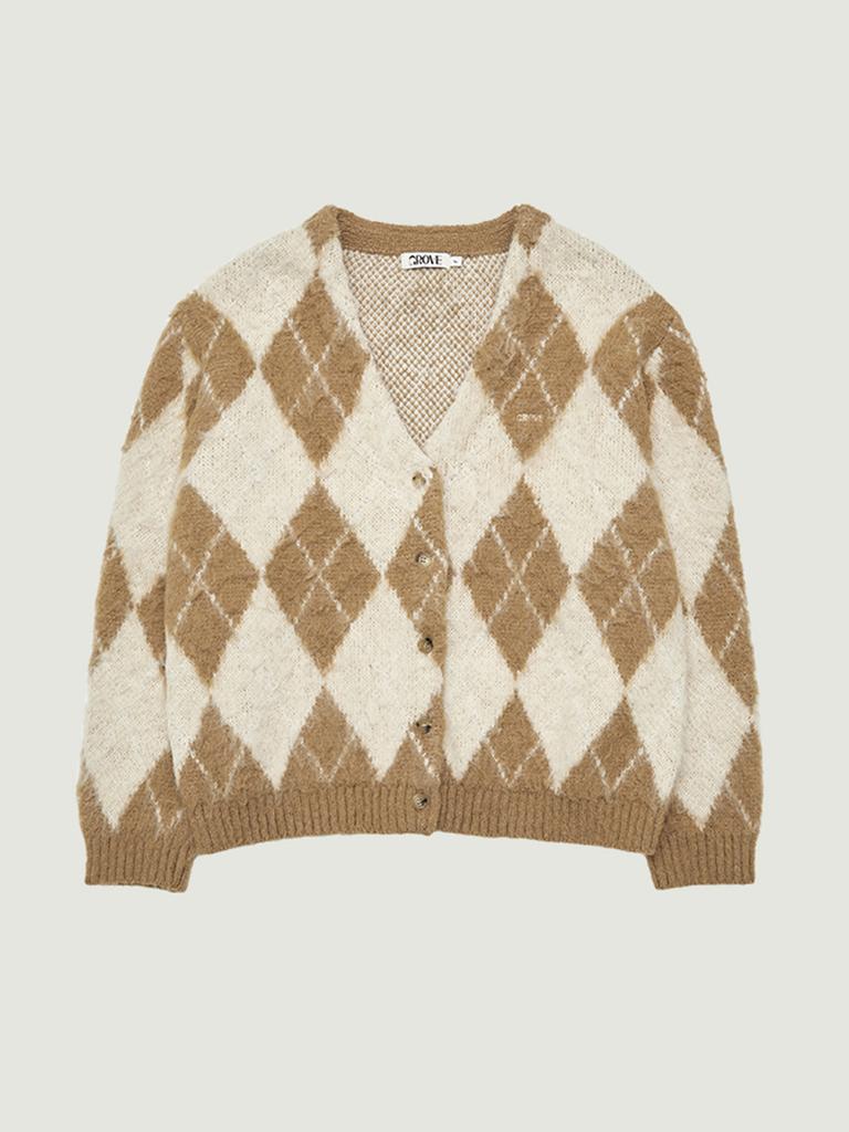GROVE Aria Brushed Argyle Cardigan (Beige)