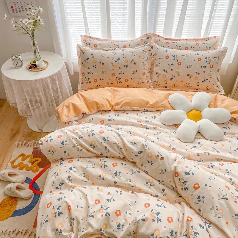 Skin-Friendly Twill Fabric Bed Sheet Four Piece Set Ab Double-Sided Color Blocking Bedding Sets Flower Printed Quilt Cover