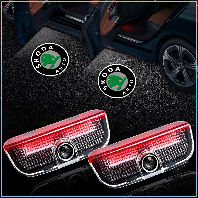 2 Stück kabellose Tür-Beleuchtung mit Logo-LED, Willkommens-Schatten-Projektorlampe für Skoda Octavia Fabia Kamiq Kapoq Kodiaq Rapid SCALA Superb 2Pcs