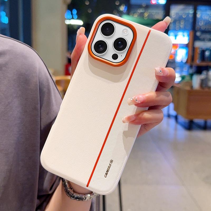 For iPhone 16 Pro Case Splicing PC+PU Leather Phone Back Cover with Metal Lens Ring/Buttons