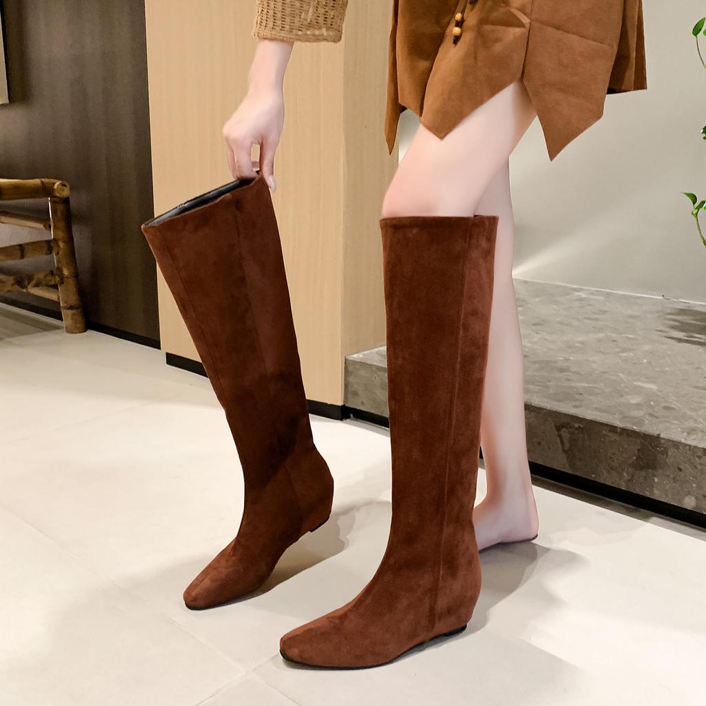 Sheepskin Version Retro Inner Heightening Boots Long Boots Women's Stacking Boots French Temperament Thin Pleated Tall Knight Boots