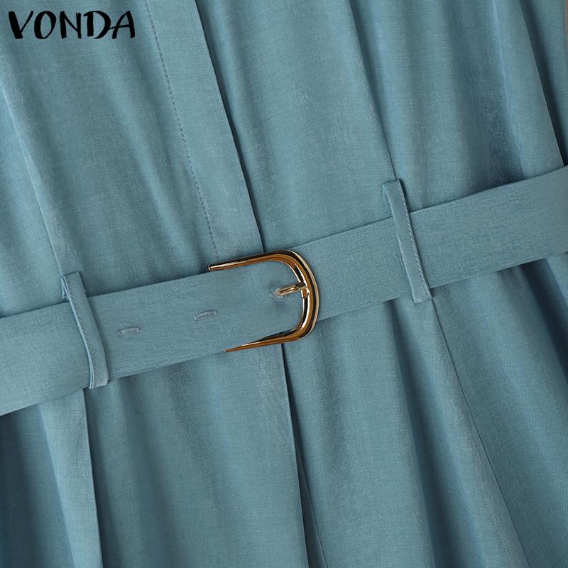VONDA Summer Women Sleeveless Belt Waist Casual Pleated Dress