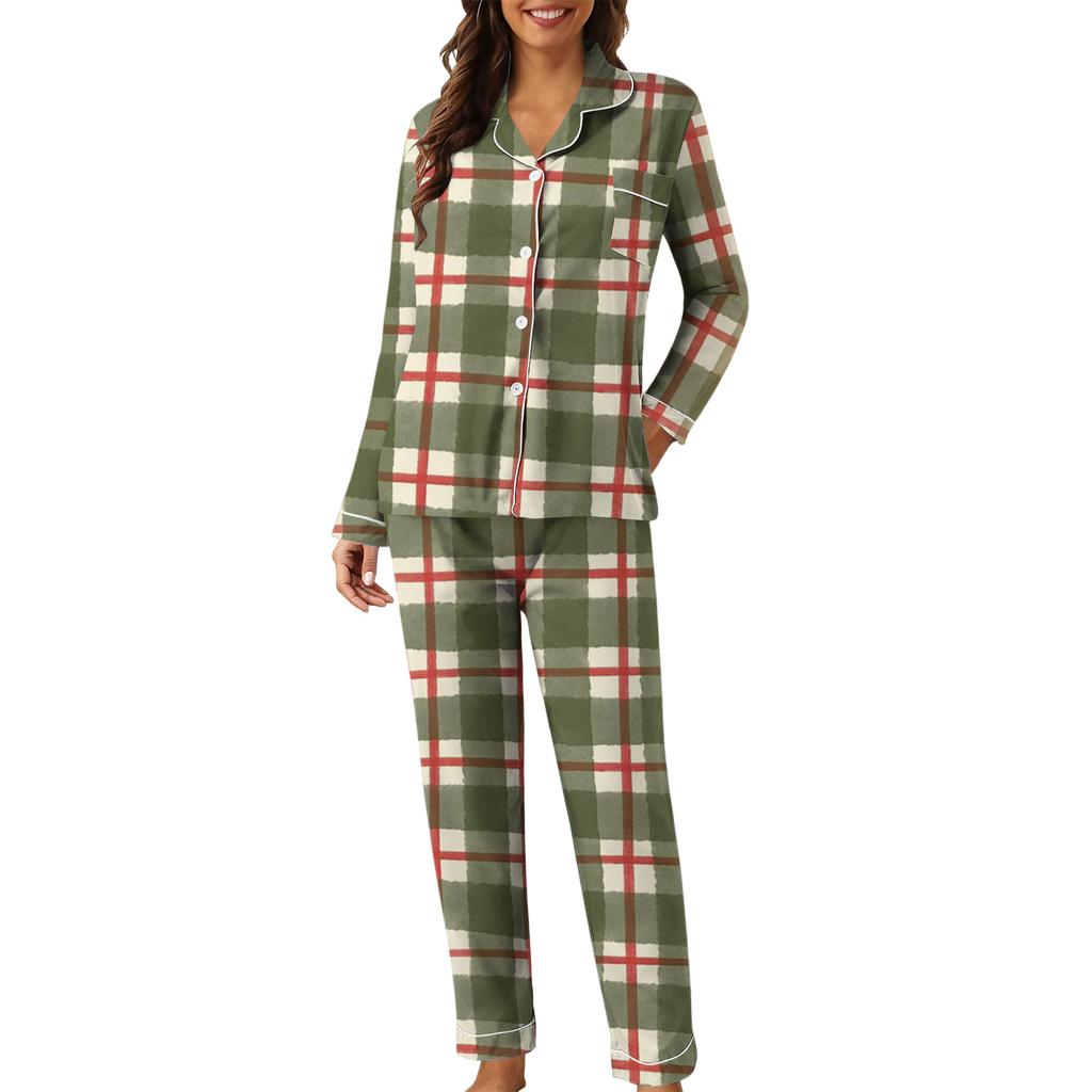 Women's Casual Fashion Plaid Patchwork Print Long-Sleeved Trousers Homewear Set