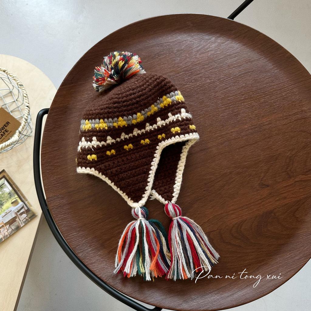 Children's Niche Vintage Machine Embroidered Lei Feng Hat Unisex Autumn Winter Warm Ear-Protecting Tassel Acrylic Common Casual