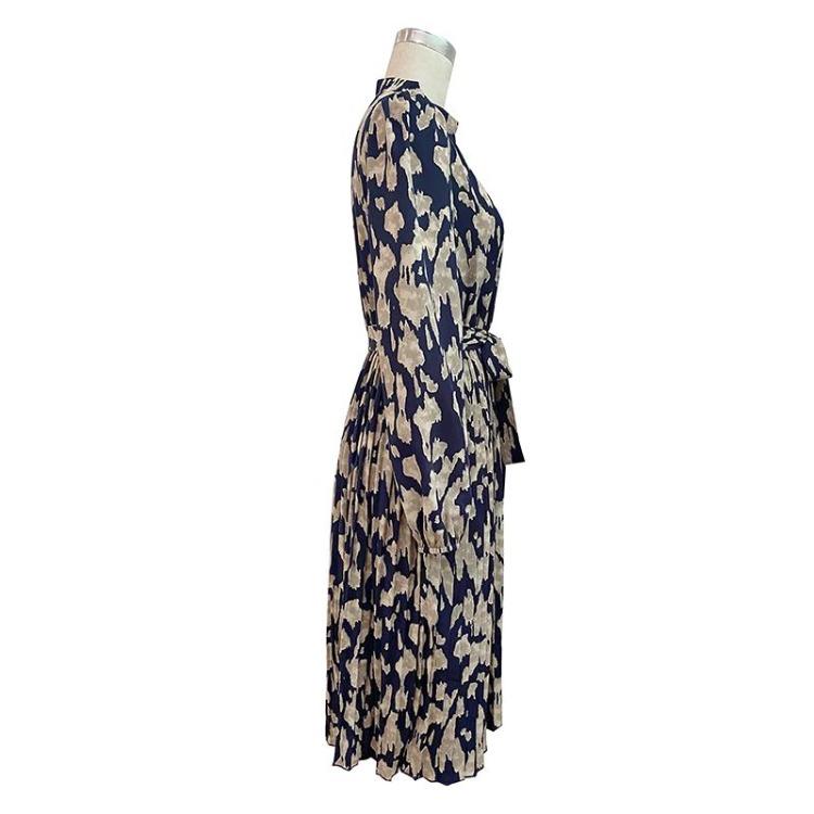 Women Spring Dress Long Sleeve Pleated High Waist V Neck Lace Up Print