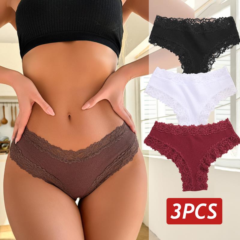 3PCS/Set Sexy Lace Panties for Women Cotton Brazilian Panties Female Low Rise Breathable Underwear Solid Colors Floral Lingerie