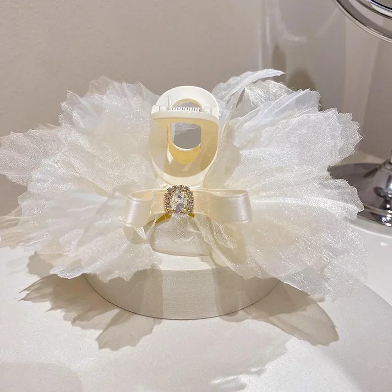 Women Fashion Diamond Inlaid Fairy Gauze Bow Acrylic Hair Clip Korean Cute Temperament Hair Accessories Girl Heart Accessory