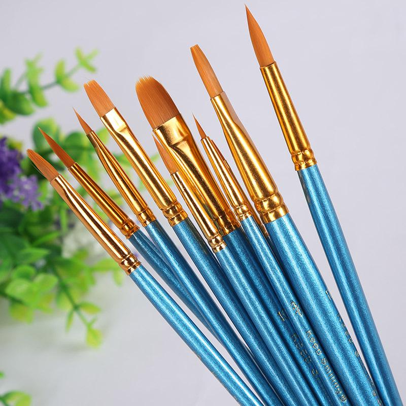 10-Piece Pearlescent Blue Nylon Paint Brush Set for Acrylic, Watercolor, and Gouache