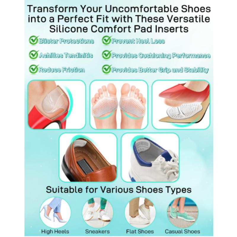 10PCS High Heel Comfort Pad Inserts, Silicone Shoe Cushion Insoles Heel Grips Liner Metatarsal Pads for Women Shoes Too Big, Prevent Rubbing