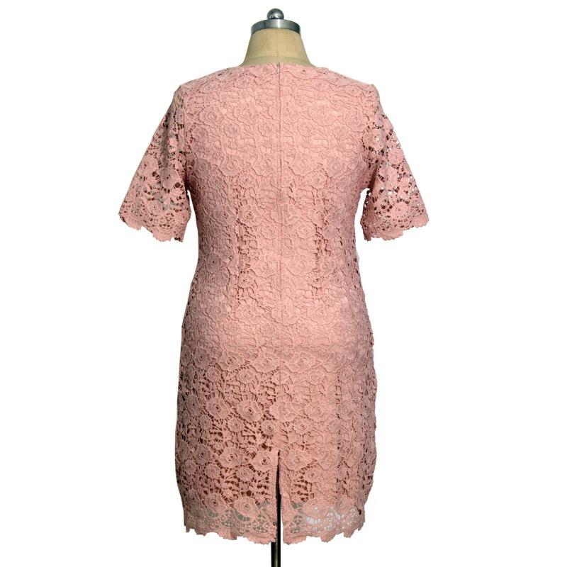 Robe Dentelle Rose Grande Taille Femme Col Rond Manches Courtes Bodycon Mini Robe