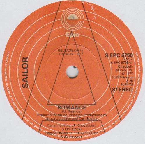 

7inch Record SAILOR - Romance SEPC5758PROMO Epic 1977 UK Rock Used