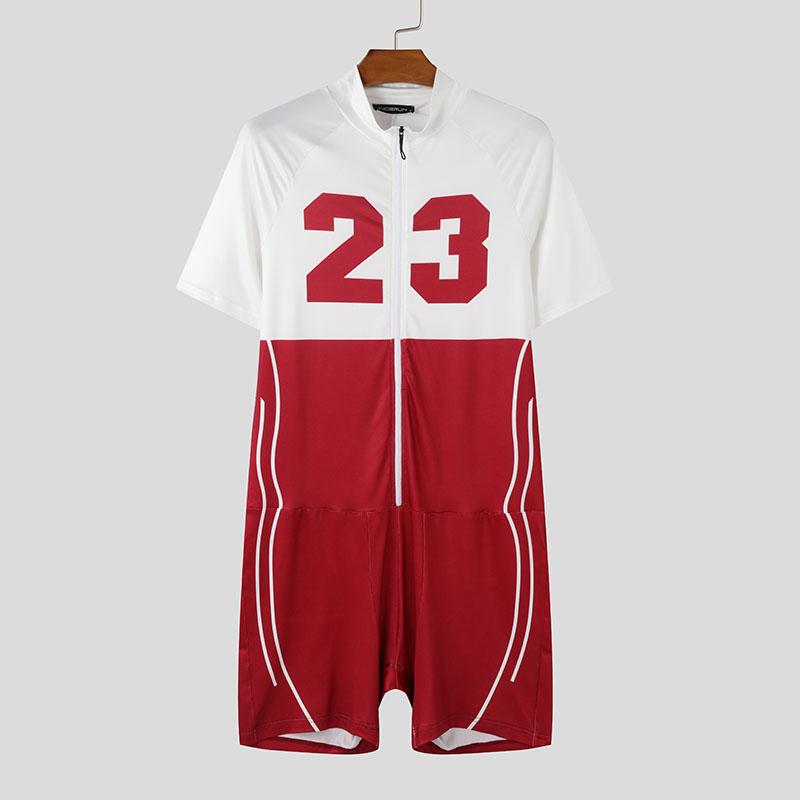 INCERUN Men Short Sleeve Letter Print Patchwork Fitted Pajamas Jumpsuits Romper Bodysuits