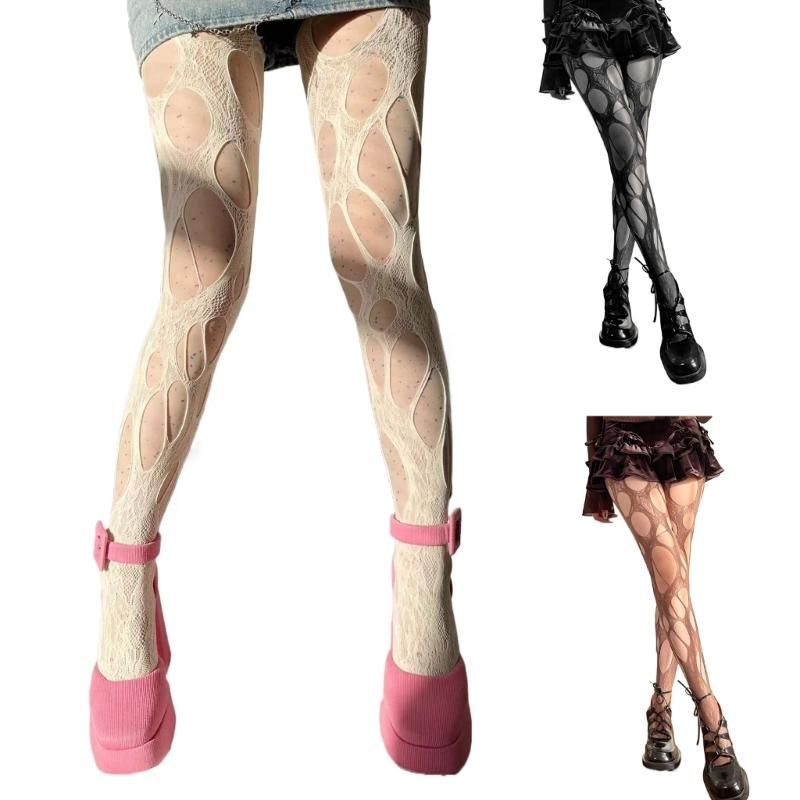 Women Goth Sexy See Through Fishnet Tights Stockings Hollowed Out Irregular Distressed Hole Sheer Mesh Pantyhose