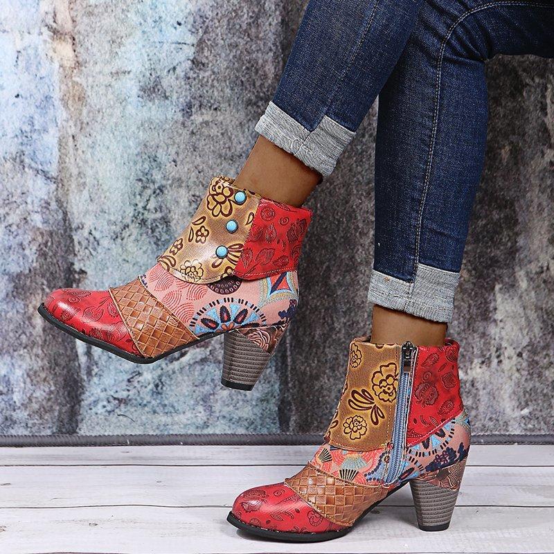 Stivaletti alla caviglia floreali chic per donna - Chiusura con cerniera laterale senza sforzo, comodo tacco spesso, versatili per tutte le occasioni
