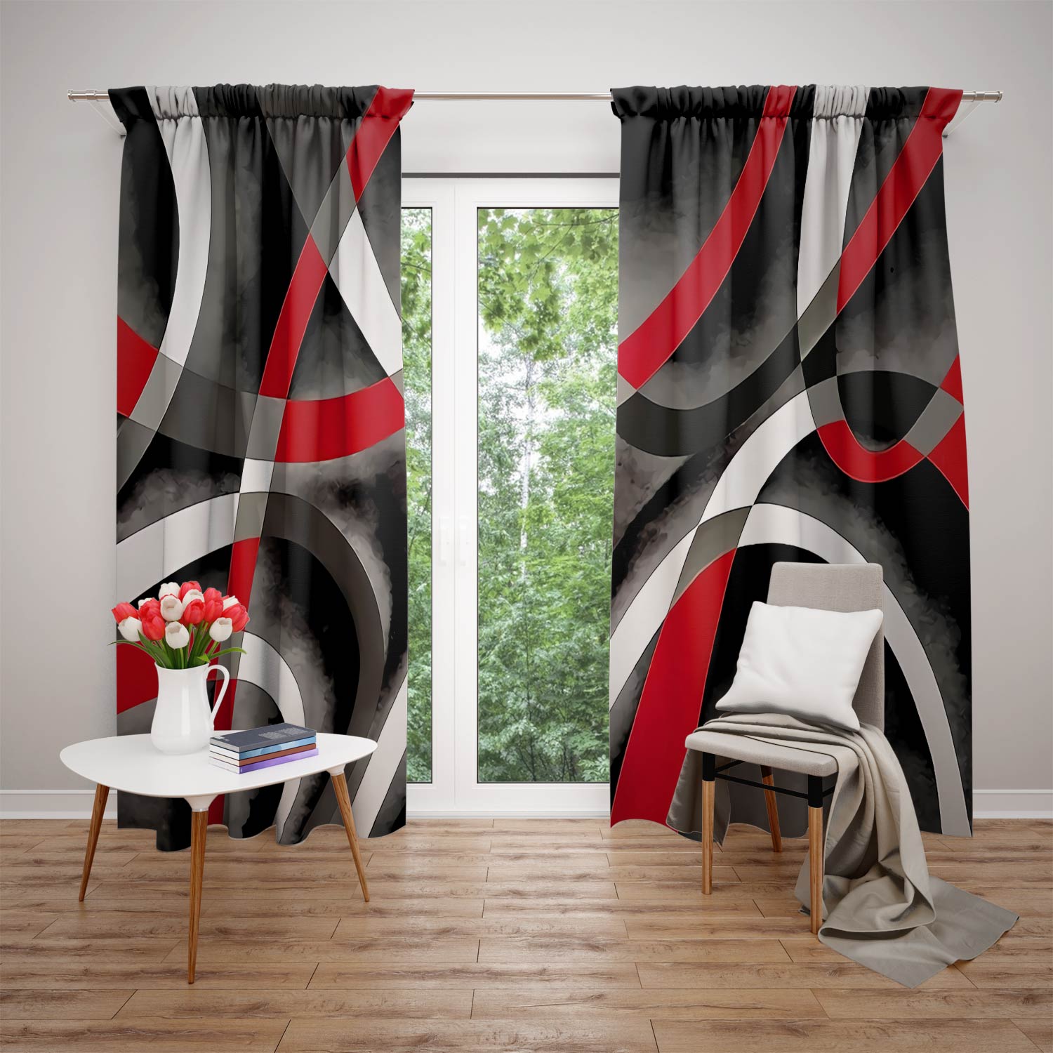 

2pc Geometric Pattern Printed Curtains, Polyester Fiber, Left And Right Double Opening 75x166cm червоний