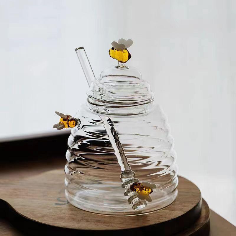 High Borosilicate Transparent Glass Honey Jar with Stirrer and Lid