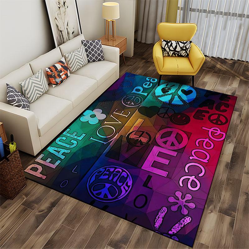 Peace and Love Colorful Carpet suitable as a non-slip mat for the living room or bedroom sofa