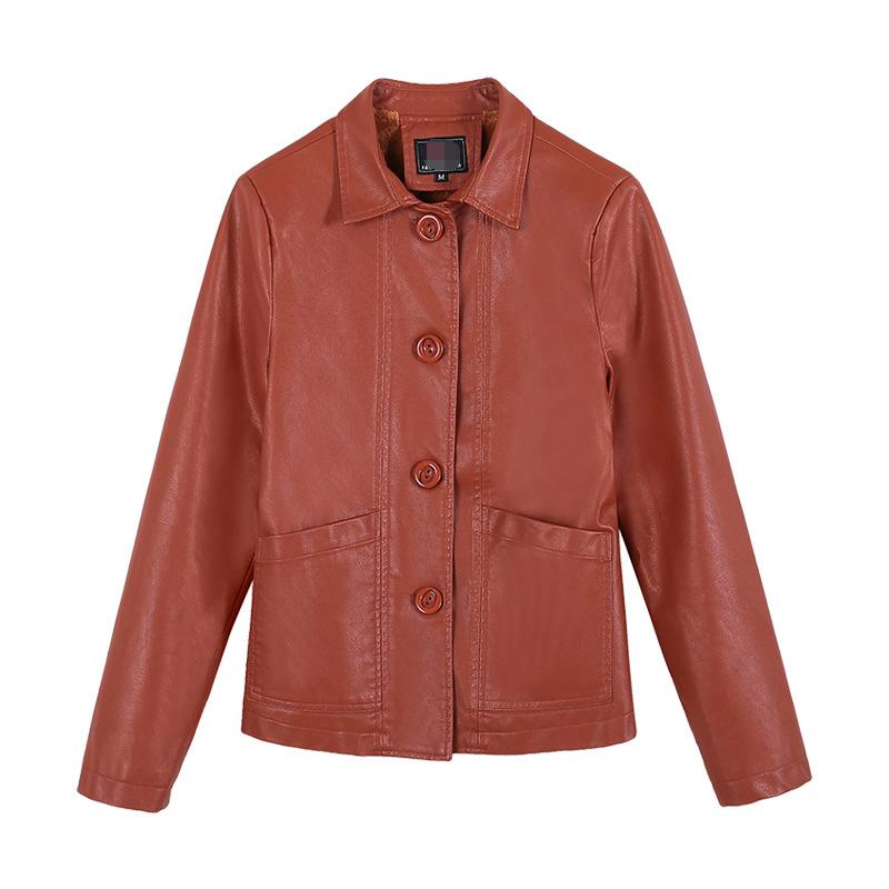 Leather Women's Short Style Plus Velvet Autumn and Winter Korean Version Is Thin and Versatile Lapel Motorcycle PU Leather Jacket Western Style Jacket