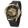 TeamSky Mechanical Men's Roman Numeral Watch Retro Hollow Mechanical Watch (Black Gold CaseStainless Steel Band (Type A Band))
