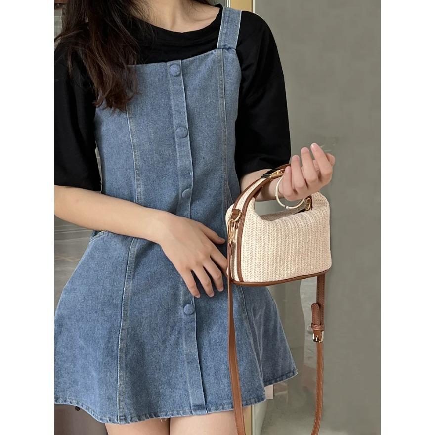 Versatile Straw Woven Crossbody Bags Casual Bucket Shoulder Bags Fashion Contrast Color Handbags Vacation Beach Bags for Women