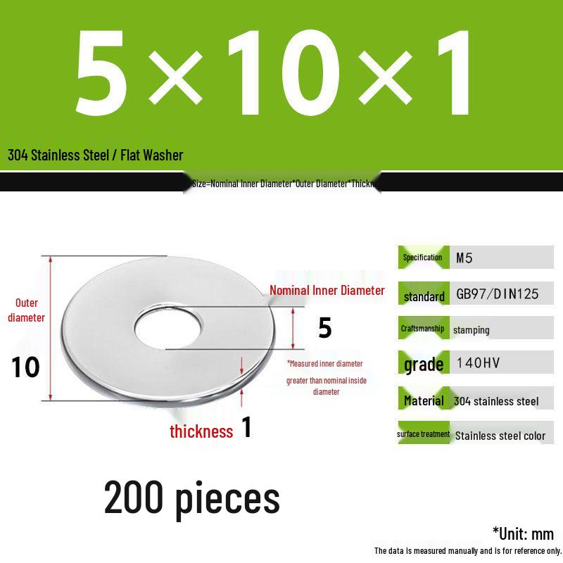 304 Stainless Steel Thickened Flat Washer Set, Sizes 2-36