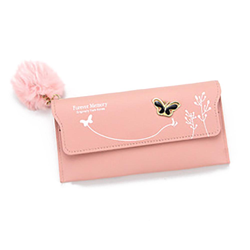Women PU Leather Flap Wallet with Plush Ball Lady Butterfly Coin Purse MIT