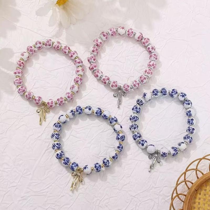 Stylish Blue White Porcelain Bowknot Beaded Jewelry Set Sturdy Fade Resistant Necklace Bracelet Earrings Adornment
