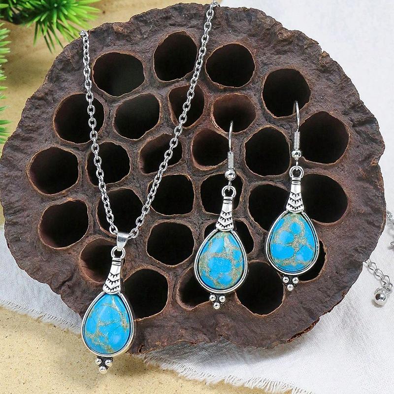 Fashion Bohemian Vintage Simple Blue Natural Stone Jewelry Set Women Silver Color Chain Long Pendant Necklace Waterdrop Earrings